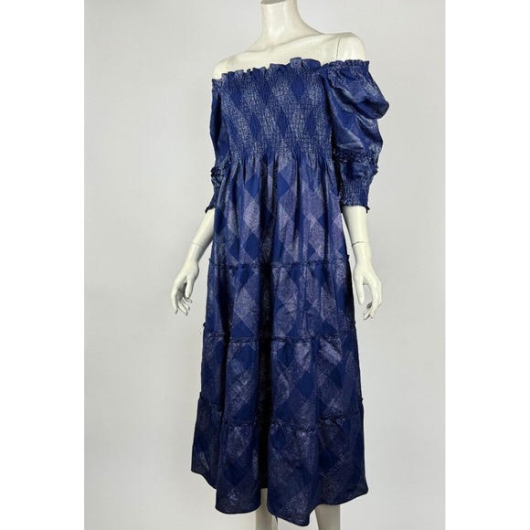 Hill House Nesli Nap Dress‎ Women L NWT Navy Glitter Check Short Sleeve Cotton